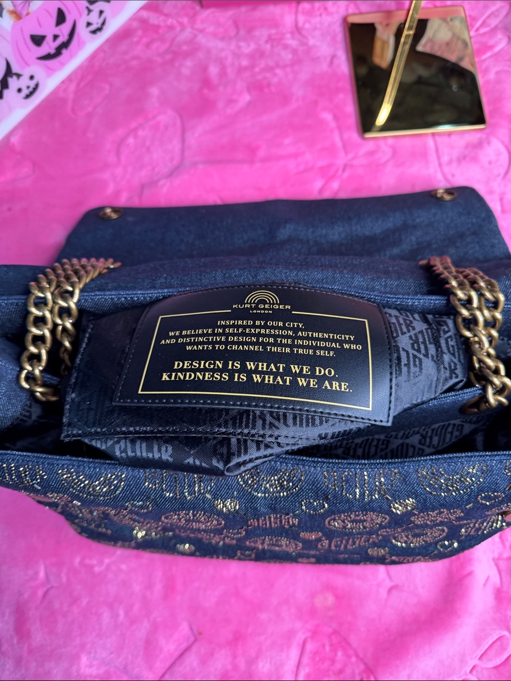 Kurt Geiger Rare XXL Battersea Denim Sparkle Bag - Dark Gold Chain NWT - Picture 14 of 17